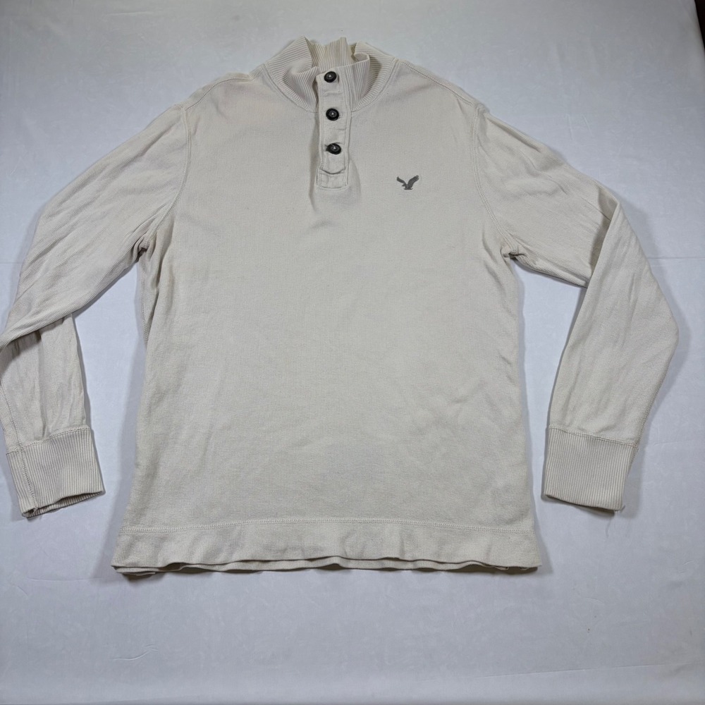 American Eagle Mens Thermal Henley Shirt Cream Waffle Knit Mock Neck Large 7931